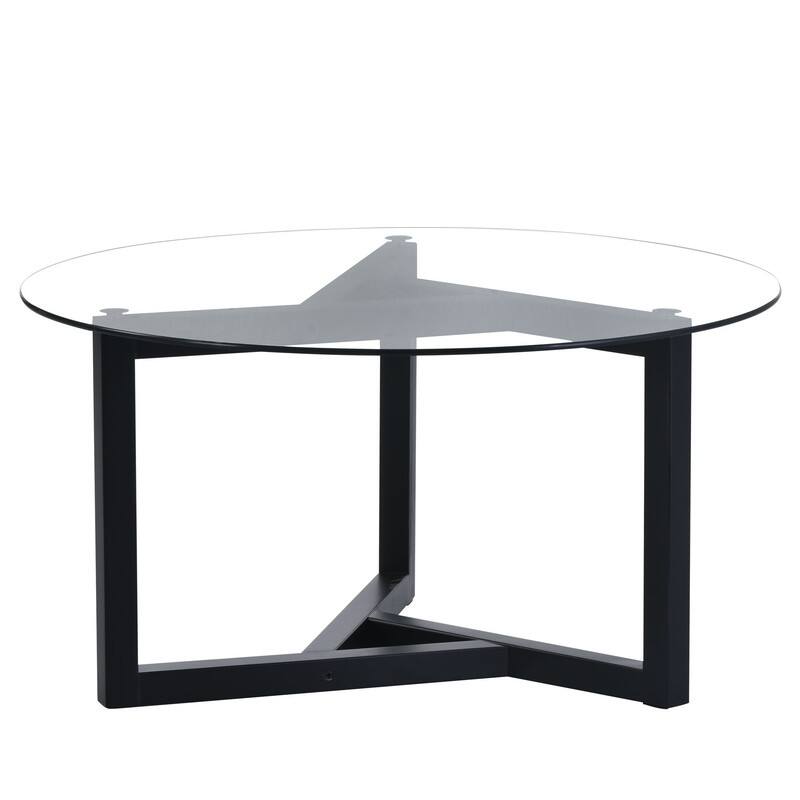 Modern Round Glass Coffee Table with Wood Tripod Base - Easy Assembly