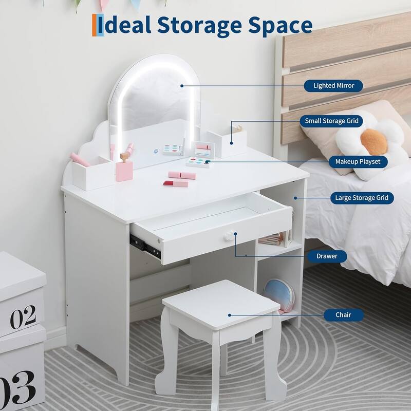 Kids Vanity Set with Lighted Mirror and Stool, Storage Drawer and Shelves for Girls Ages 3–9