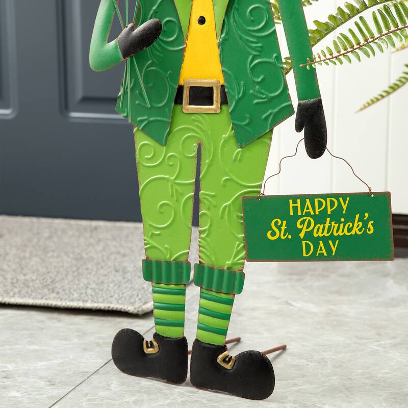 Glitzhome 36"H St. Patrick's Metal Leprechaun Decor(Three Function)