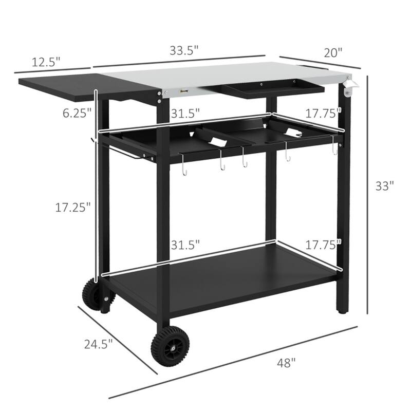 Stainless Steel Serving Cart with Two Shelves, Hooks, Spice Containers, and Foldable Table for Patio, Backyard