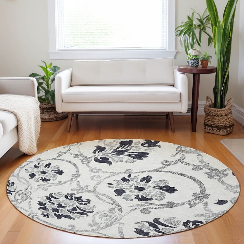 Premium Washable Super Soft Persian Floral Mayfield Rug - Black - 8' x 8' - Round