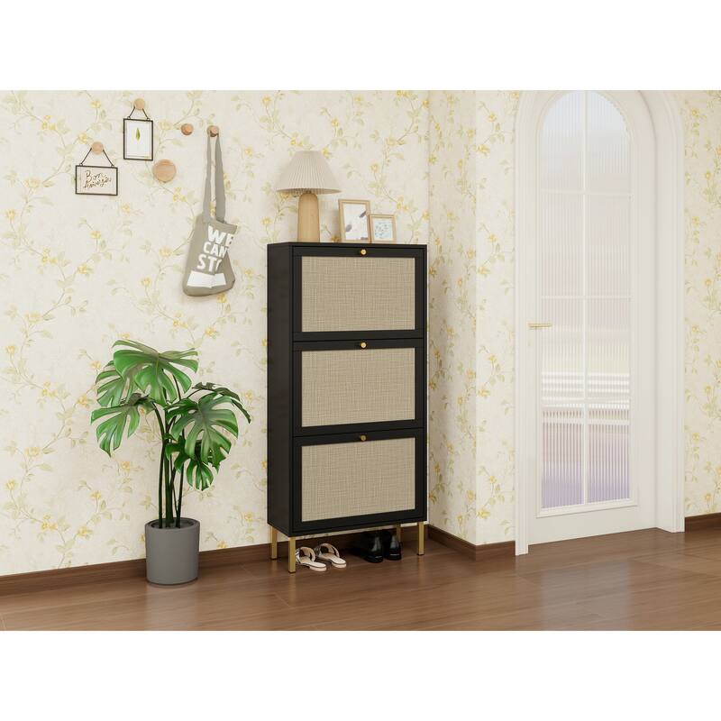 Shoe Storage Cabinet with 3 Flip Drawers, Freestanding 3-Tier Shoe Rack, Slim Shoe Organizer with Half Round Woven Rattan Doors
