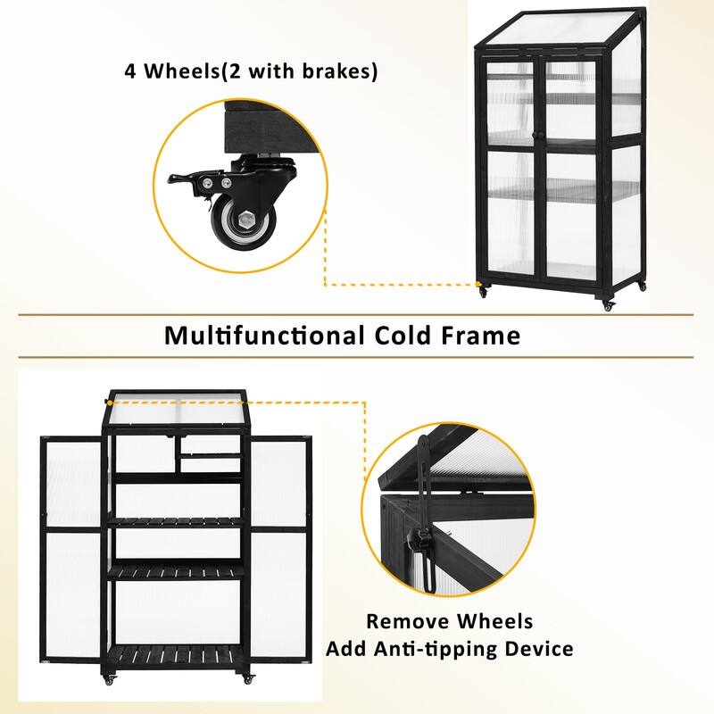 62inch Height Wood Large Greenhouse Balcony Portable Cold Frame with Wheels and Adjustable Shelves