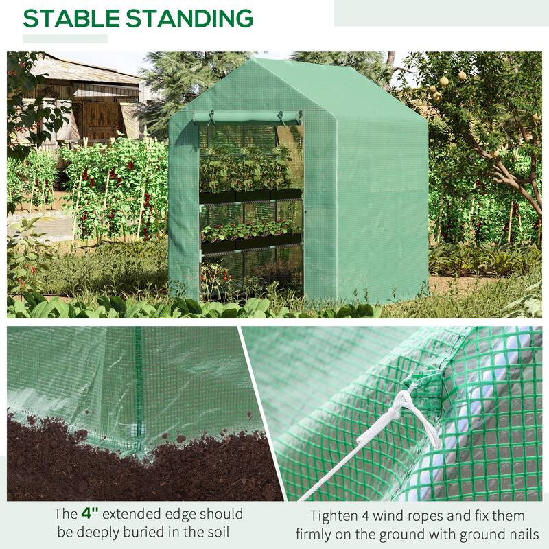 7ft x 5ft Walk-in Greenhouse with PE Cover, 3-Tier Shelves, Steel Frame, Roll-Up Zipper Door for Plants