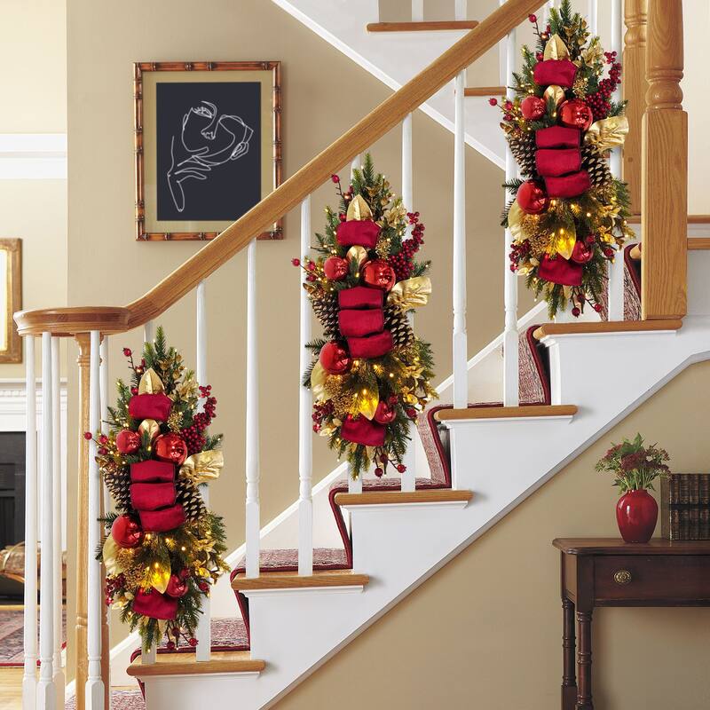 Puleo International 28" Pre-Lit Battery-Operated Adorned Banister Swag