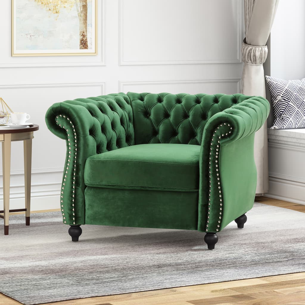 Roomfitters Chesterfield Club Chair with Deep Tufting, Rolled Arms and Nailhead Trim, Velvet Accent Armchair