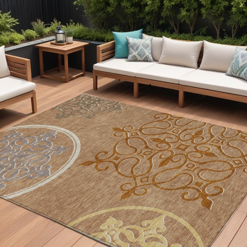 HomeRoots Floral Medallion Transitional Rectangle Outdoor Rug - 9' X 12'