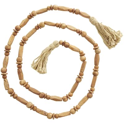 Mango Wood Handmade Rectangle Carved Geometric Long Beaded Garland with Tassel - Brown - Roche River Decor