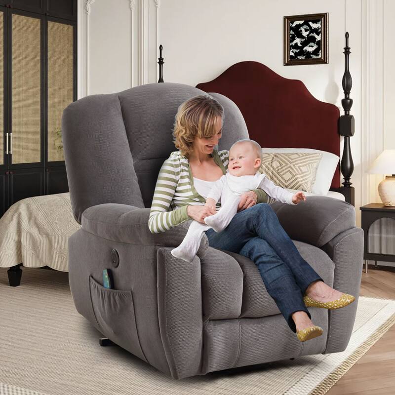 Grey Electric Power Lift Recliner with Heat, Massage, Infinite Positions, USB Charging, and Side Pockets
