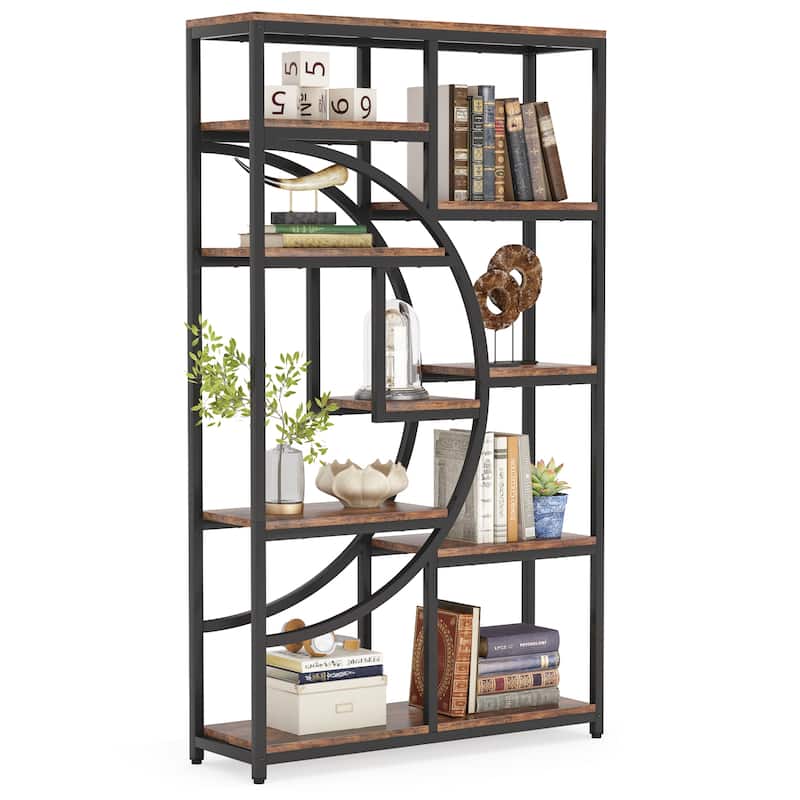 Industrial Etagere Bookcase with 8-Open Storage Shelf, Tall Geometric Book Shelves