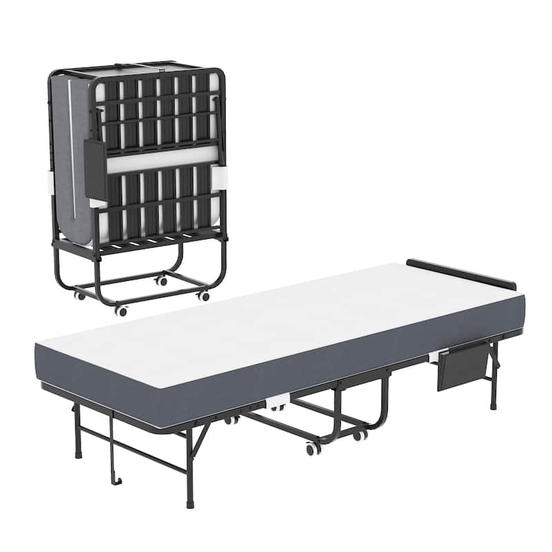 75" Folding Bed with Adjustable Headboard & 5" Memory Foam, Space Saving Rollaway Guest Bed for Tall People, Twin Cot on Wheels - Black