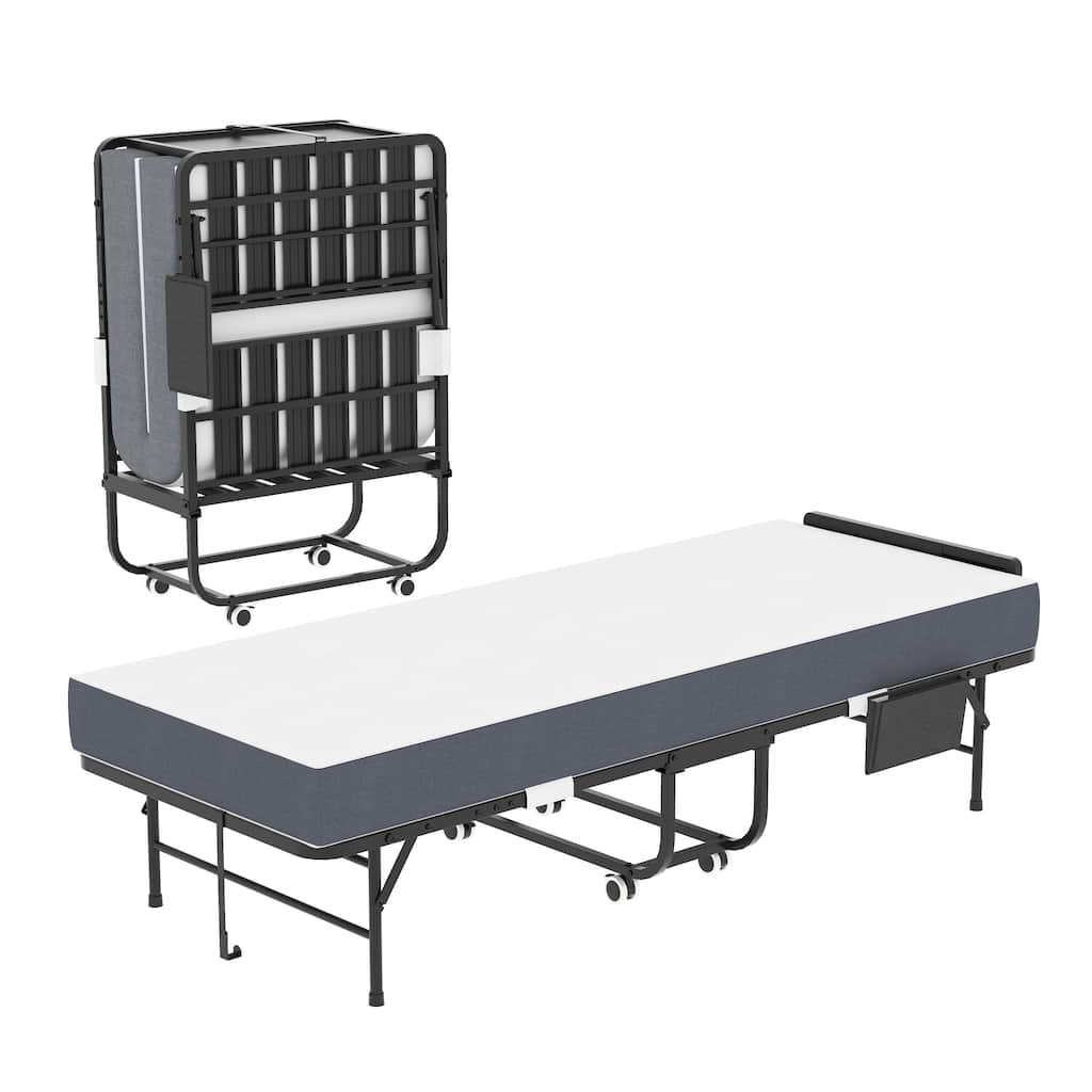 75" Folding Bed with Adjustable Headboard & 5" Memory Foam, Space Saving Rollaway Guest Bed for Tall People, Twin Cot on Wheels