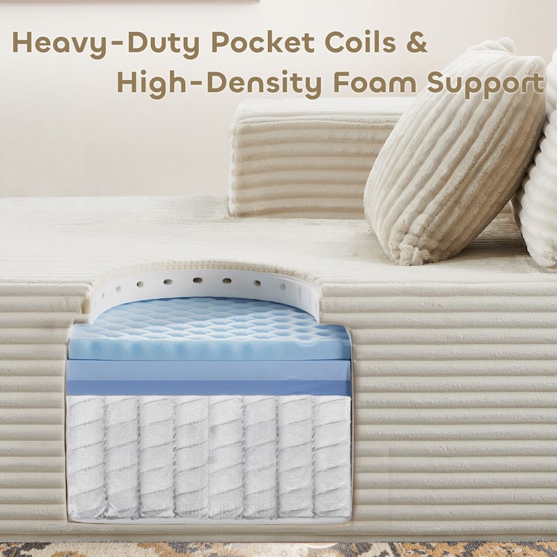 Meyreso No Assembly Required Long Plush L-Shaped Sectional Sofa with Round Nesting Coffee Tables