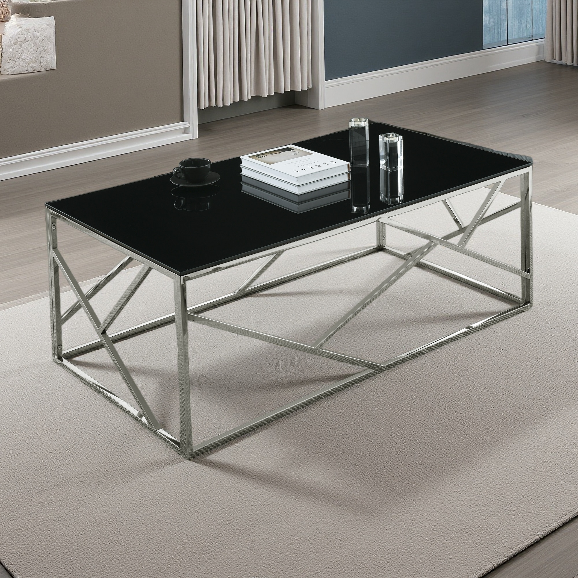 48" Glass Coffee Table with Stainless Steel Frame