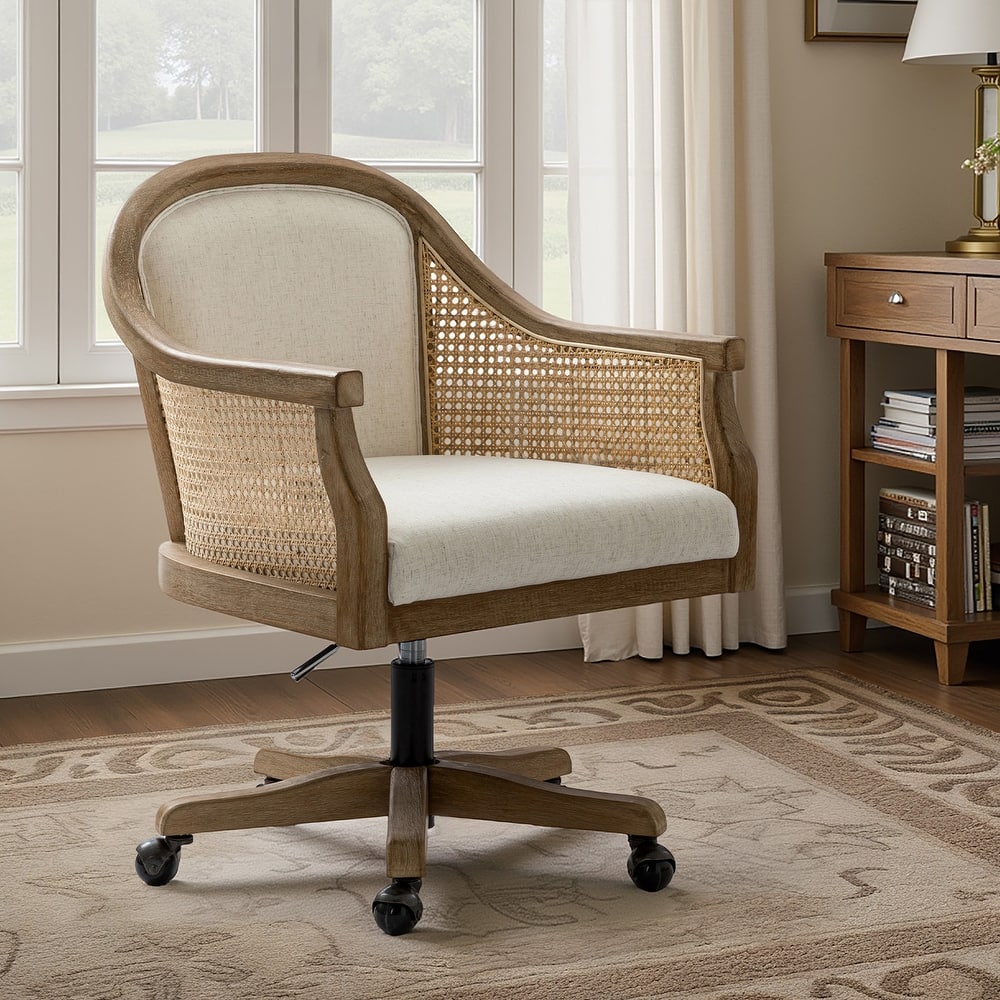 Danilo Farmhouse 360 Degree Swivel Height Adjustable Rattan Desk Chair with RubberWood by HULALA HOME