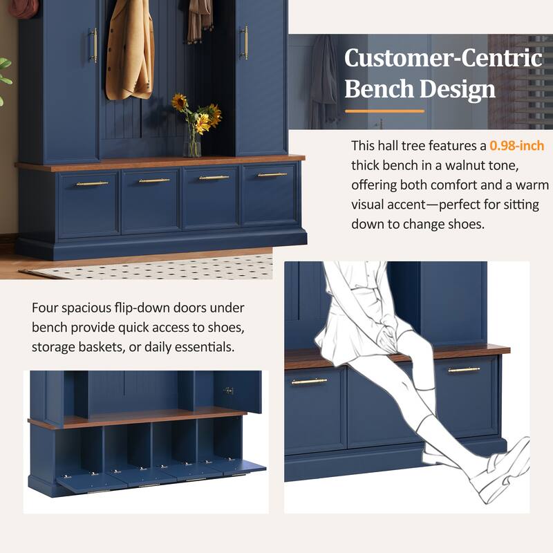 4-in-1 Farmhouse Hall Tree with Walnut Bench, 8 Hooks, Adjustable Shelves and Shoe Storage, Entryway Coat Rack, 59" W