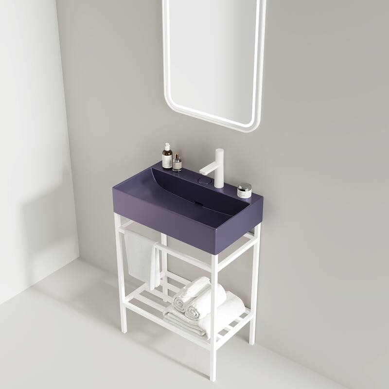 GDFStudio - Lofi Modern 24" Bathroom Vanity with Glossy Rectangular Ceramic Basin & Open Metal Storage Shelf, WITHOUT Faucet - White