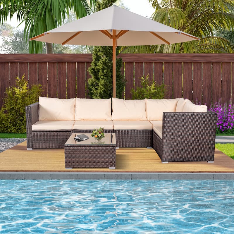 4-Piece Patio Conversation Set Patio Furniture Set With Thick Cushions,Outdoor Sectional Sofa Outdoor Wicker Sofa W Coffee Table