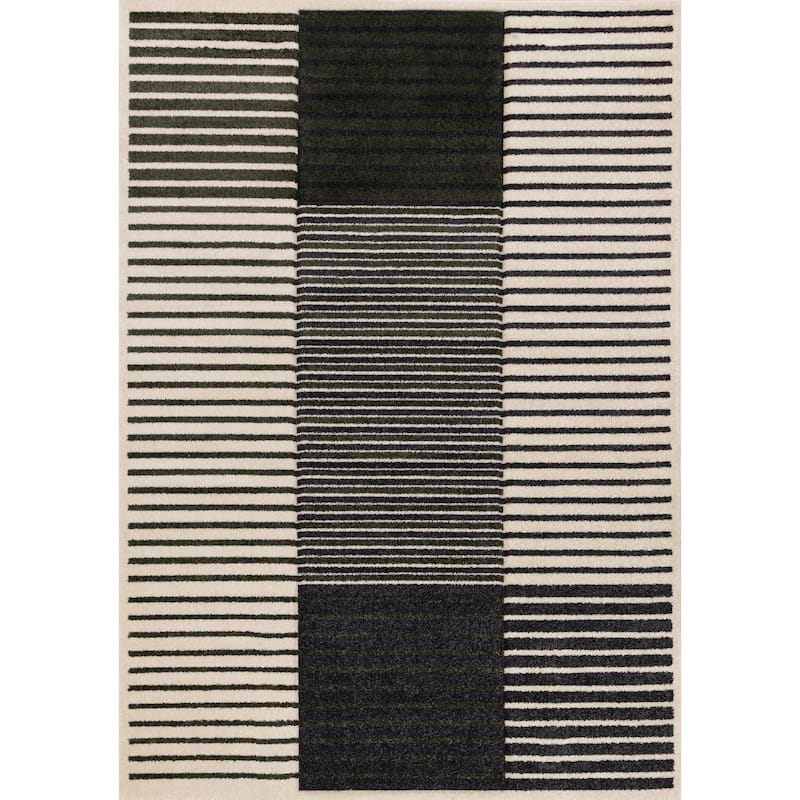 Green Black White Modern Striped High-Traffic Area Rug