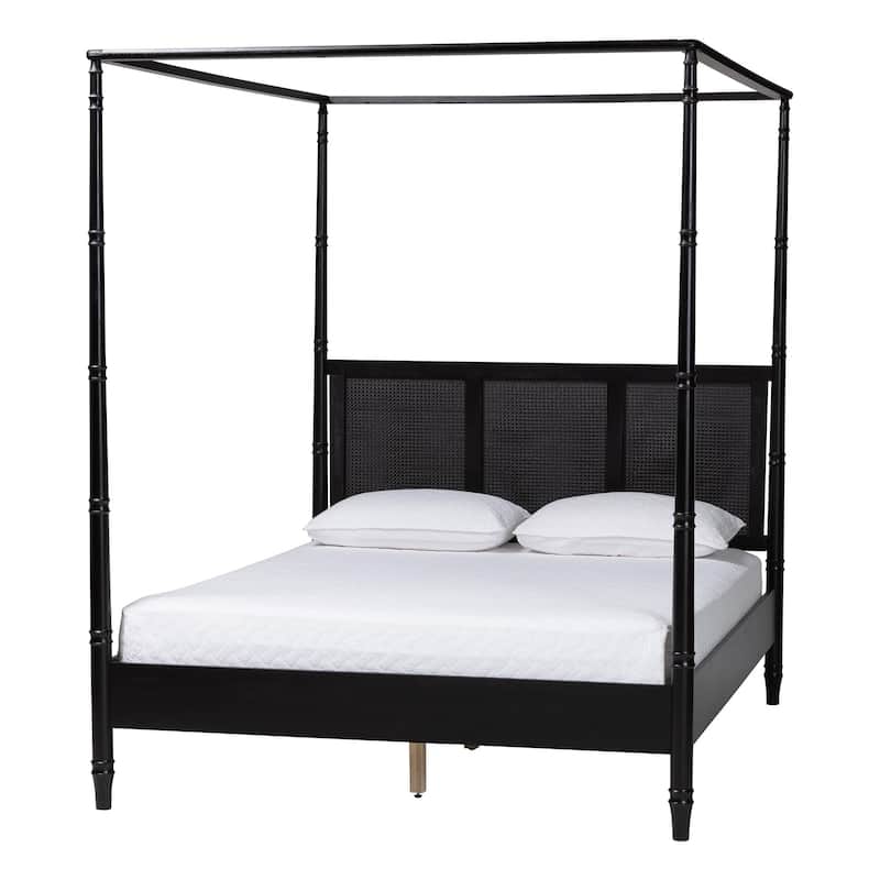 Marisela Canopy Bed with Synthetic Rattan Headboard - Black Wood Bed Frame with Bamboo-Inspired Posts - Queen