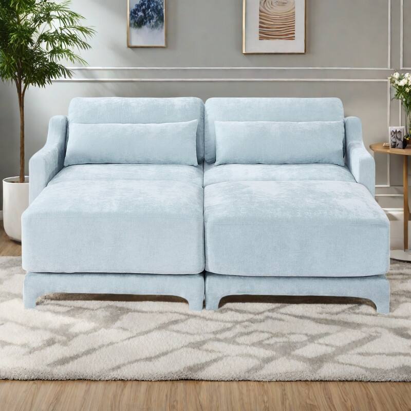 73.2" Chenille 2-Seater Sofa with Ottoman, 2 Lumbar Pillows, High-Resilience Sponge and Solid Wood Base - Sky Blue