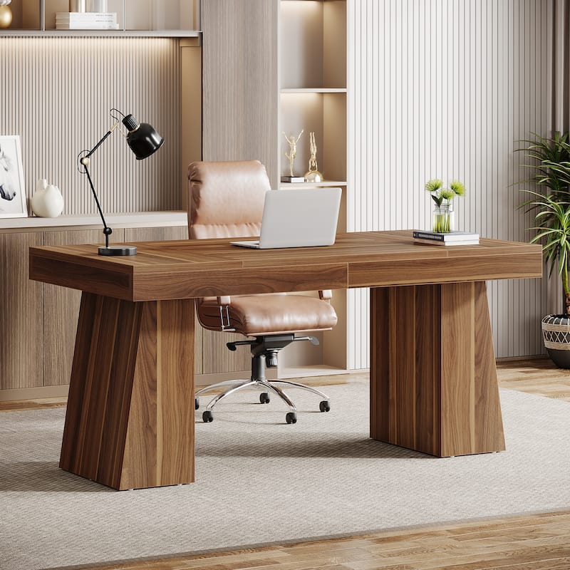 55 Inches Brown Wood Large Executive Desk for Home Office