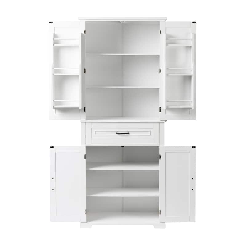 Tall Bathroom Storage Cabinet, Freestanding Organizer Cabine, Wooden Pantry with Adjustable Shelf, 4 Doors and Drawer