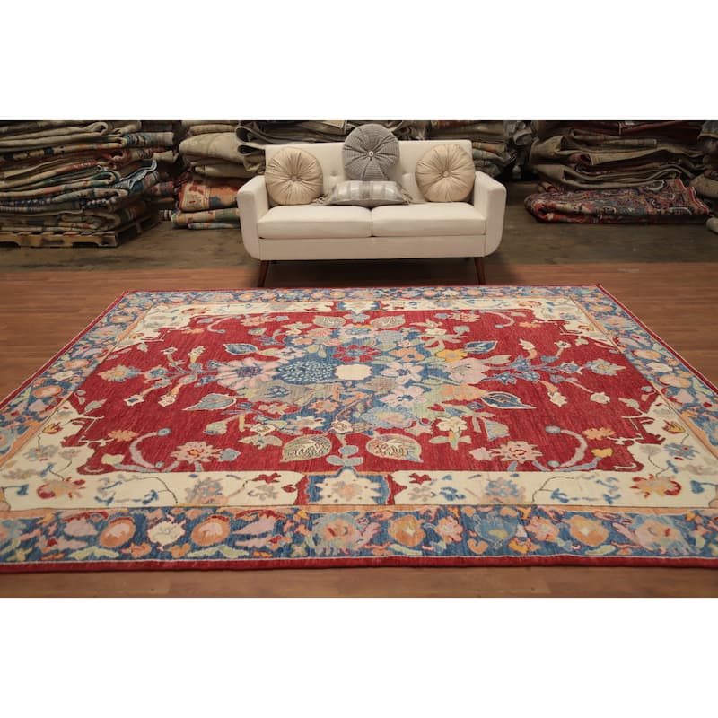 Hand Knotted Oriental 100% Wool Carpet Transitional Floral Red Oushak Area Rug - 9' 11'' X 8' 5''