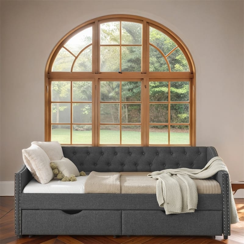Twin Size Upholstered Tufted Daybed with Drawers and Copper Nail