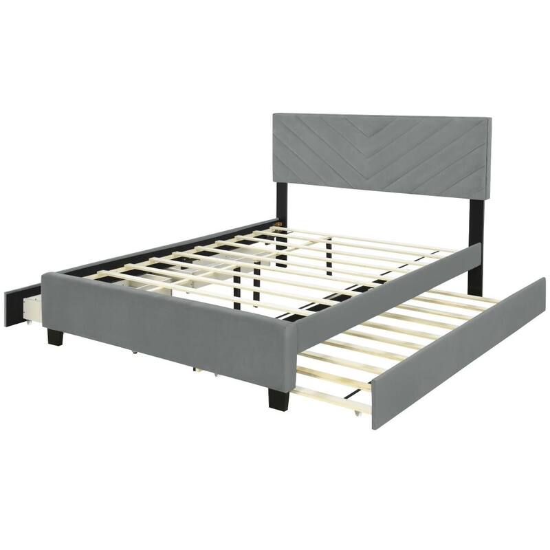 Queen Size Upholstered Platform Bed with Twill Headboard, Pullout Bed and Two Drawers