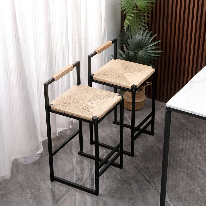 Set of 2 Bar Stools with Back Paper Rope Woven Counter Height Dining Chairs for Kitchen, Home