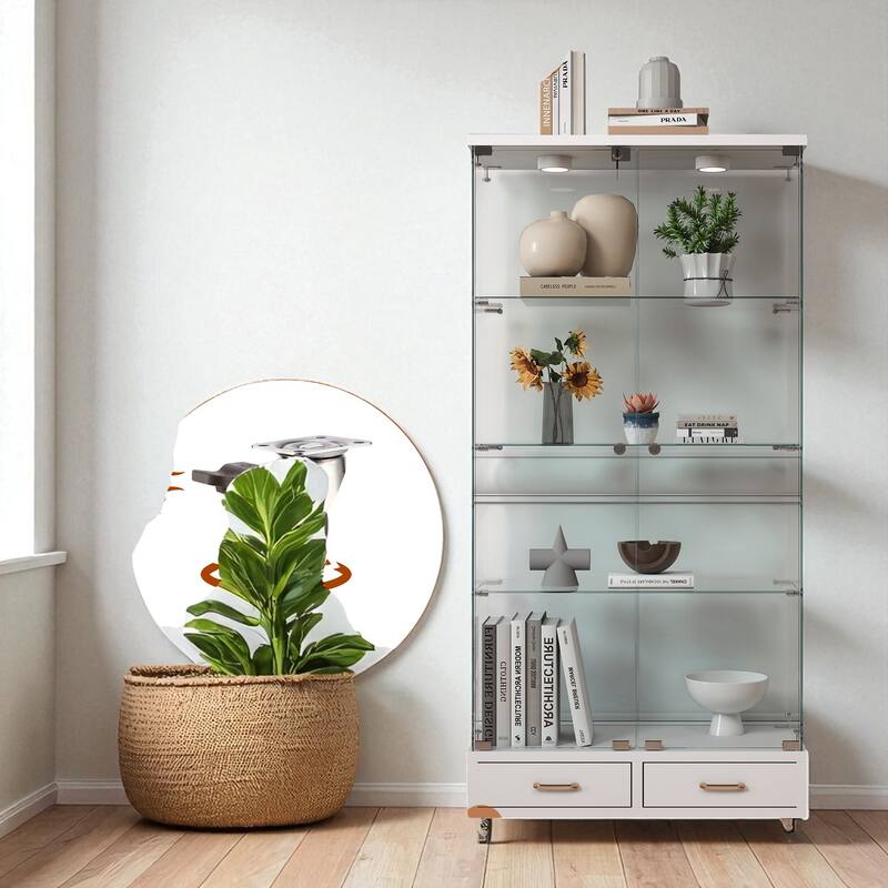 65.9" Modern Glass Display Cabinet with LED Lights, 2 Lockable Drawers & 4 Shelves, Curio Storage Case