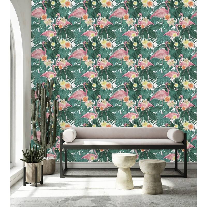 Flamingos between Leaves Wallpaper Peel and Stick and Prepasted - Bed
