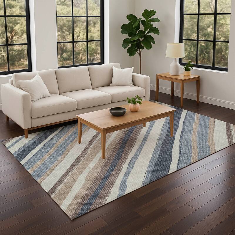 Machine Washable Indoor/ Outdoor Stripe Angles Chantille Rug
