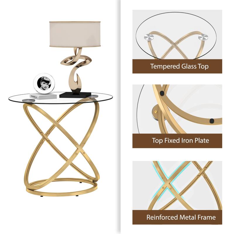 Myhozm Modern Round Glass/Stone Top Side Table with Metal Base