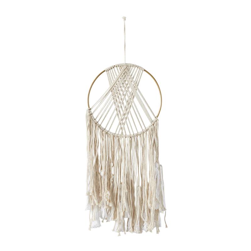 Wool Fabric Macrame Handmade Intricately Weaved Wall Decor with Beaded Fringe Tassels - Cream - Roche River Decor - Cream