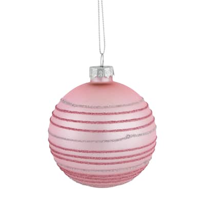 Glitter Striped Glass Christmas Ball Ornaments - 3" (80mm) - Pink - 4ct