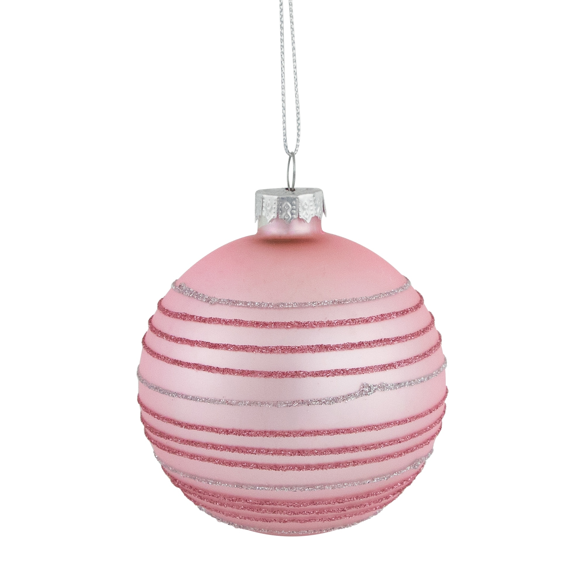 Glitter Striped Glass Christmas Ball Ornaments 3" (80mm) Pink 4ct
