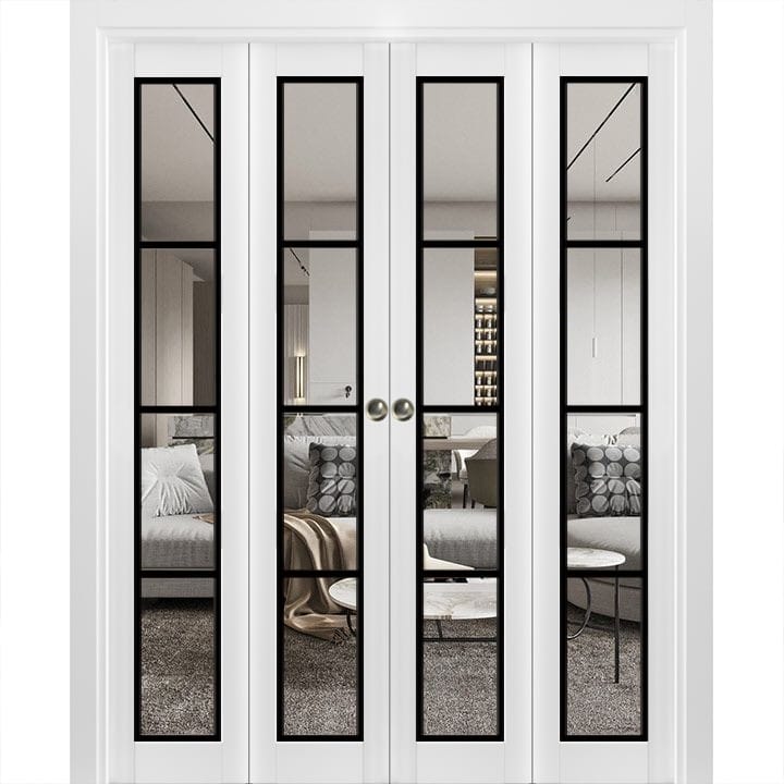 Double Bi-fold Doors Lucia 2466 White Silk Clear Glass Sturdy Tracks - White - 96" x 80" (4* 24x80)