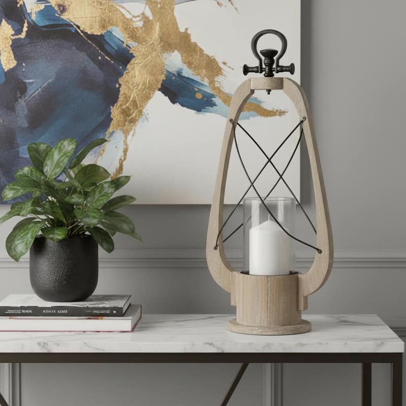 21" Brown And Black Distressed Abstract Solid Wood Metal And Glass Tabletop Lantern Candle Holder - Black/Brown