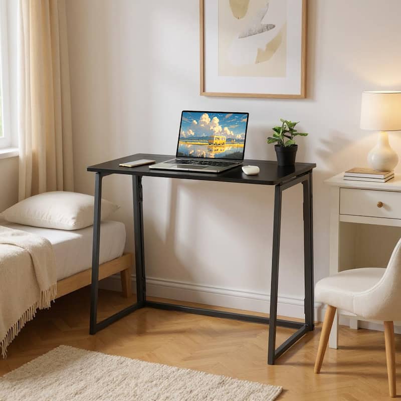 Homylin 31.5-Inch Folding Writing Desk, Space-Saving Computer & Study Table with Metal Frame - Black