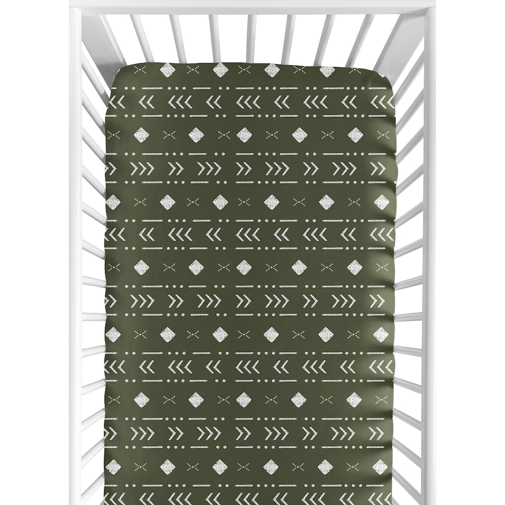 Hunter Green Boho Tribal Mudcloth Collection Boy Fitted Crib Sheet - White Woodland Bohemian Southwest Geometric Arrow Aztec