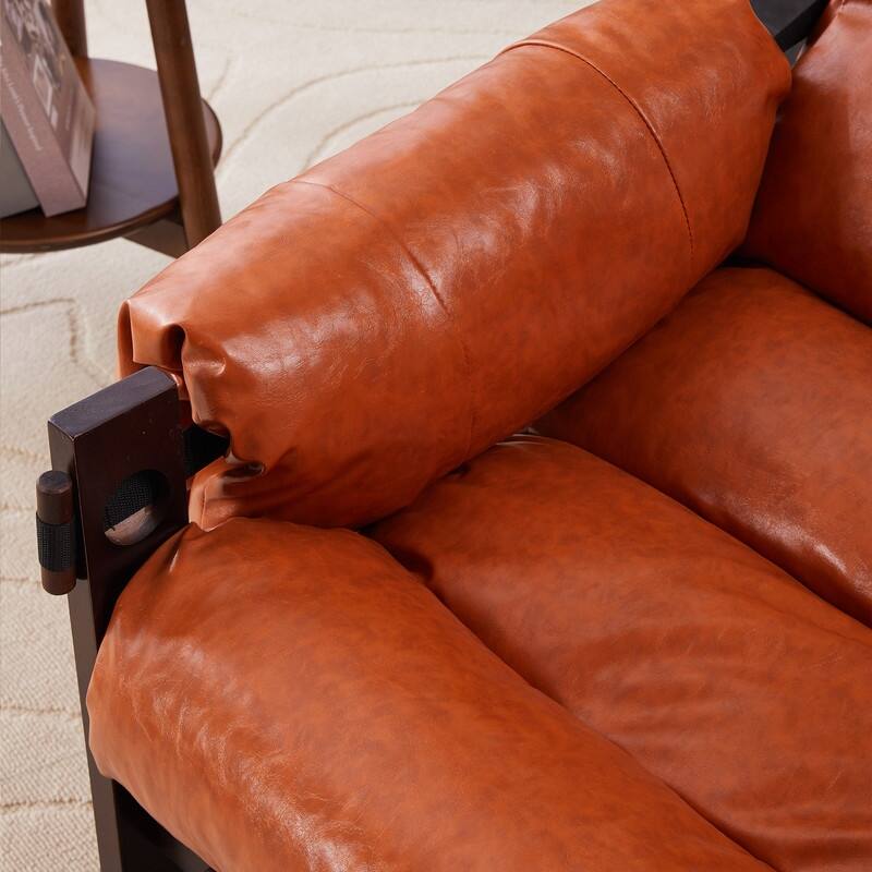 Vintage Orange Medieval Modern Lounge Chair - Removable Armrests, Waxed Leather & Rubberwood Frame