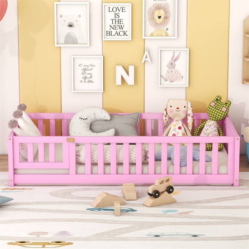 Twin Size Bed Floor Bed with Safety Guardrails and Door for Kids