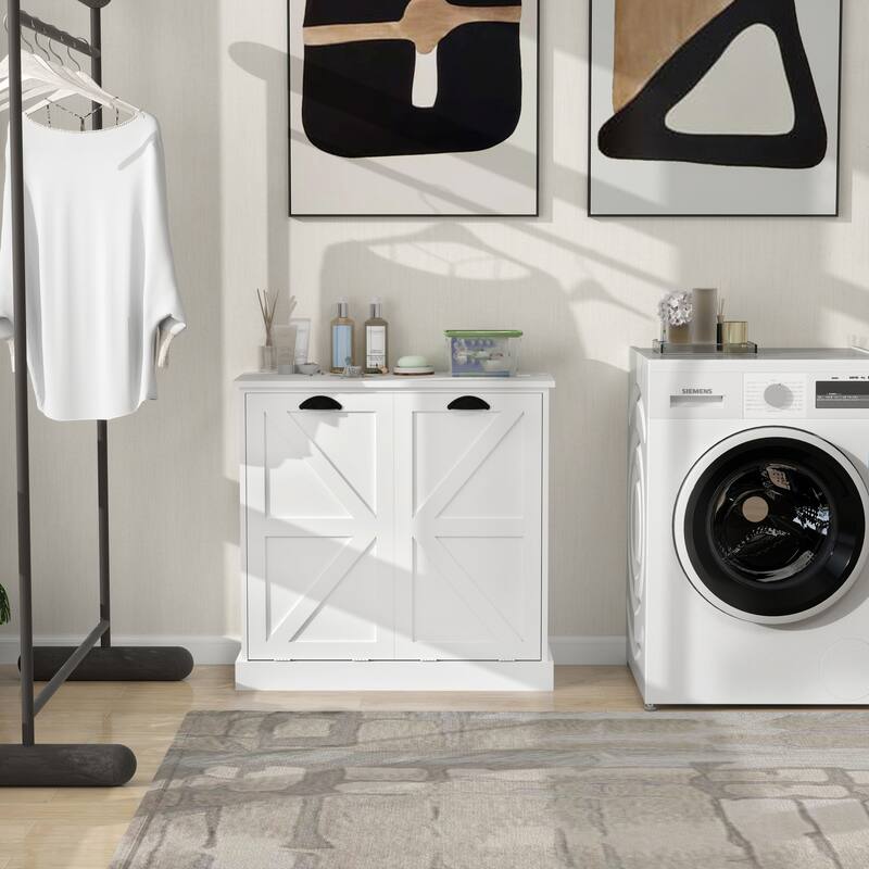 Modern Laundry Sorter Cabinet with Two Compartments and Removable Cloth Bags