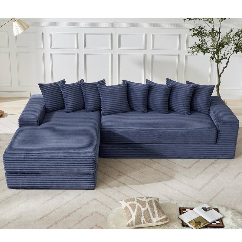 Floor Sleeper Sofa Bed Convertible L-shaped Modular Sectional Couch with Chaise, Corduroy Compression Sofa with Side Pockets - Blue