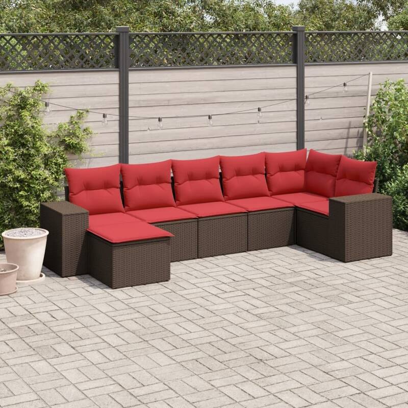 vidaXL 7/8 Piece Patio Sofa Set with Cushions Black/Brown/Gray Poly Rattan - 24.4 x 24.4 x 27.2