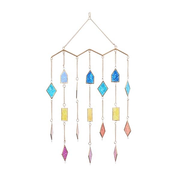 slide 2 of 7, The Novogratz Multi Colored Metal Indoor Outdoor Geometric Windchime with Stained Glass