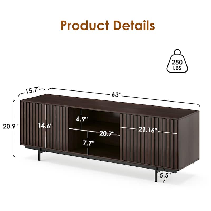 Mid Century Modern TV Stand for TVs Up to 75", Farmhouse Fluted TV Stand, Retro Wood TV Stand with Storage and Shelf