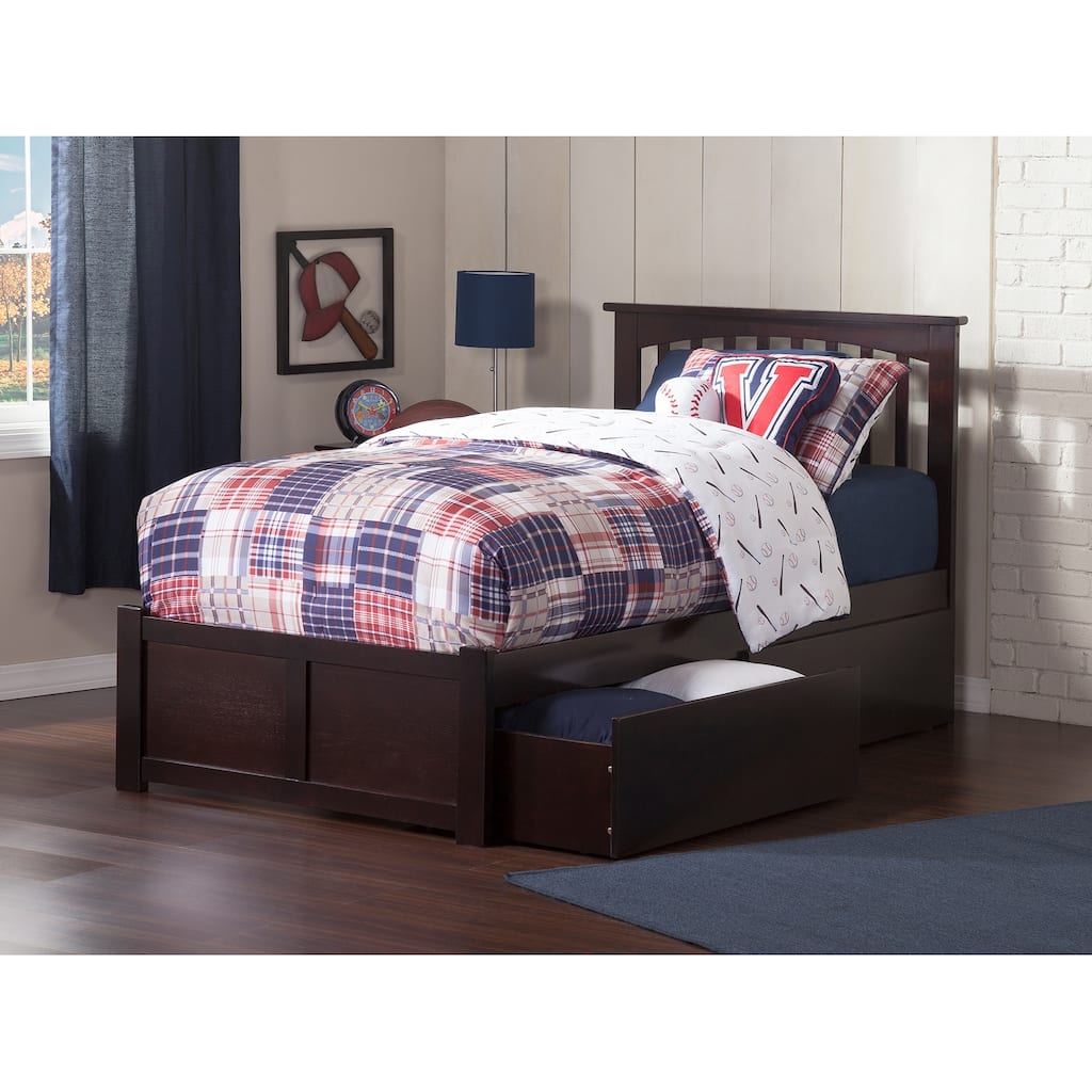 Mission Twin XL Platform Bed with Footboard and 2 Drawers in Espresso